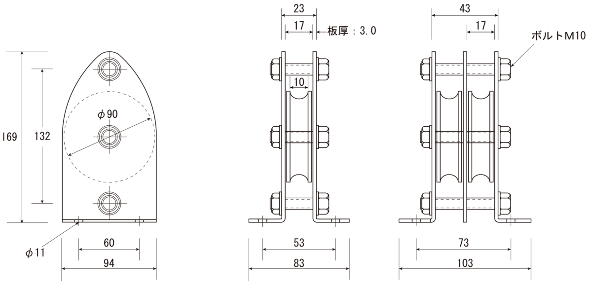 代引き不可 ふじわら 固定ブロック タテ型2車60mm 使用荷重200kg SUS304 品番K60-11B