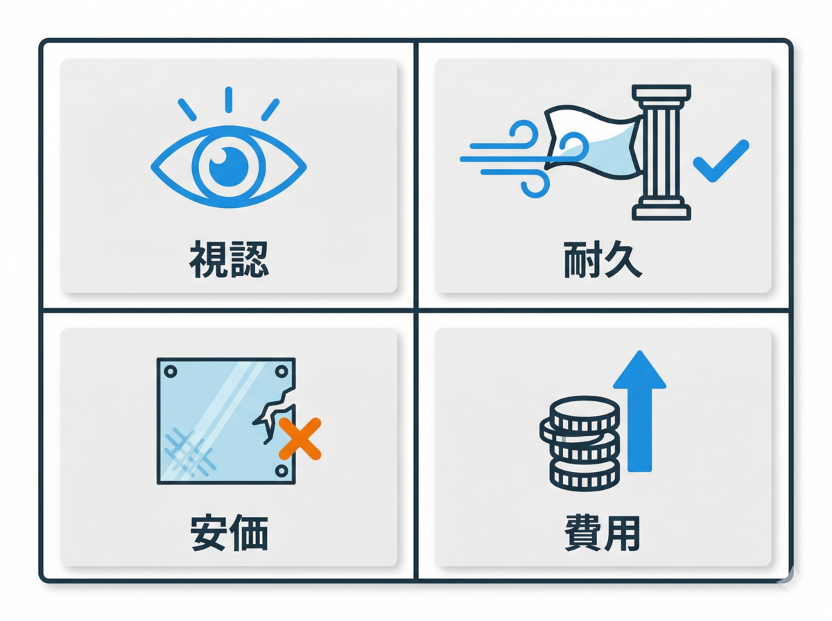 設置環境、表示方法、加工仕様からターポリンを選ぶ図解