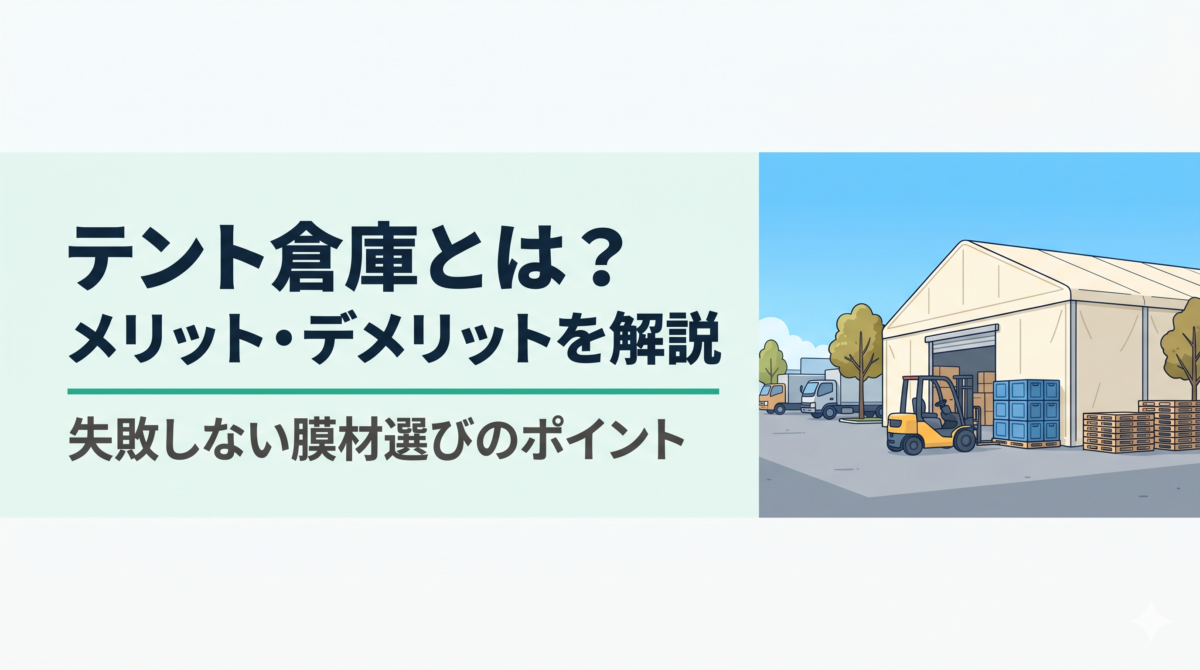 青空の下に建つ大きなアイボリー色のテント倉庫と、荷物を運ぶフォークリフトがある風景のフラットイラスト。