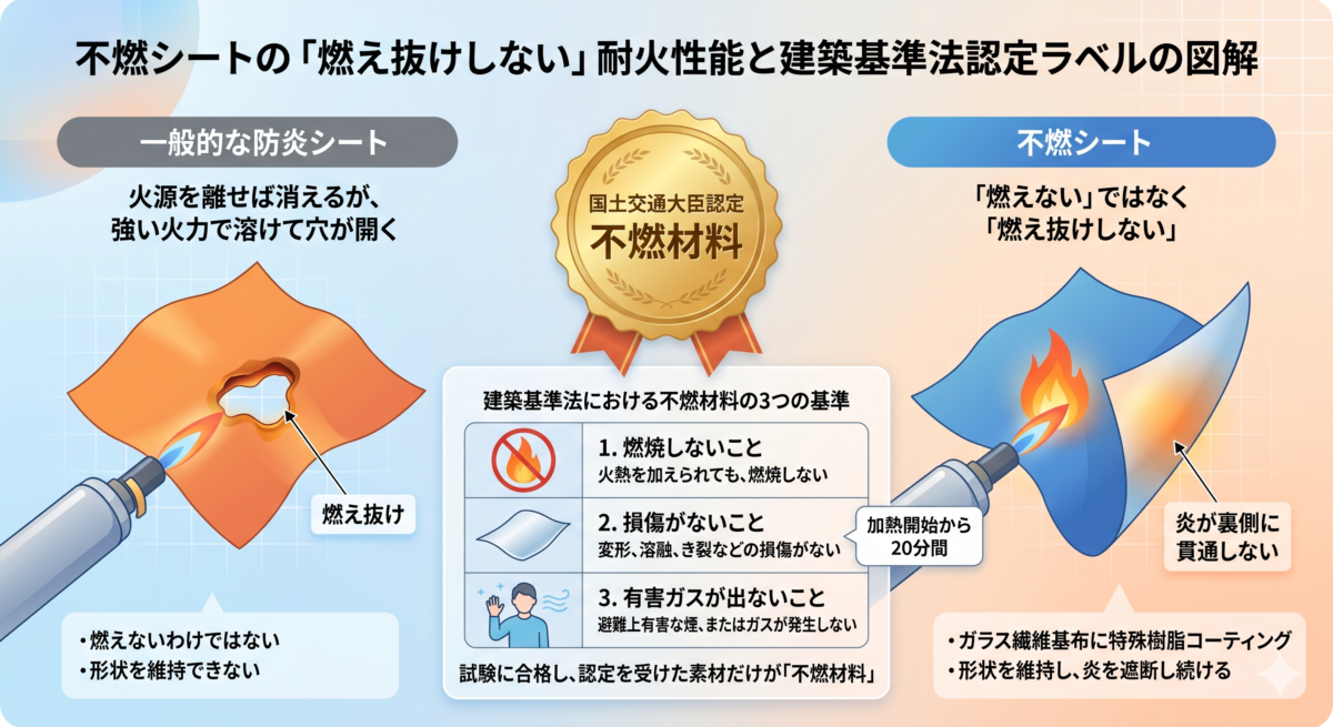 不燃シートの耐火性能と建築基準法認定ラベルのイメージ
