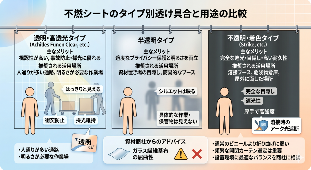 透明・半透明・不透明不燃シートの視認性比較