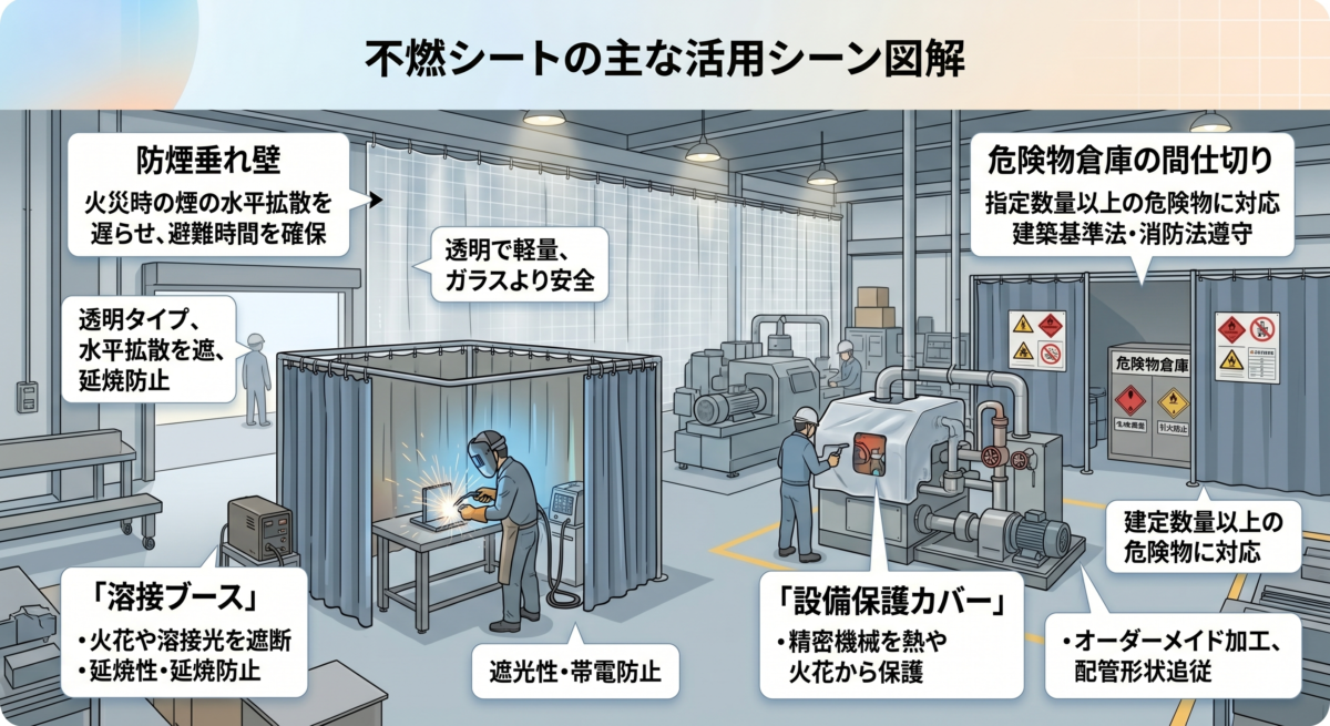 工場内の間仕切りや防煙垂れ壁への不燃シート設置事例
