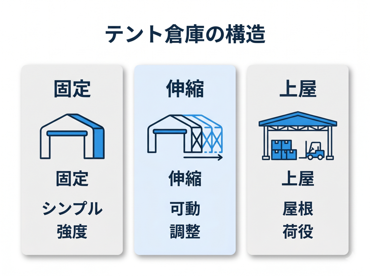 テント倉庫の主要な3構造(固定式・伸縮式・上屋テント)の比較図