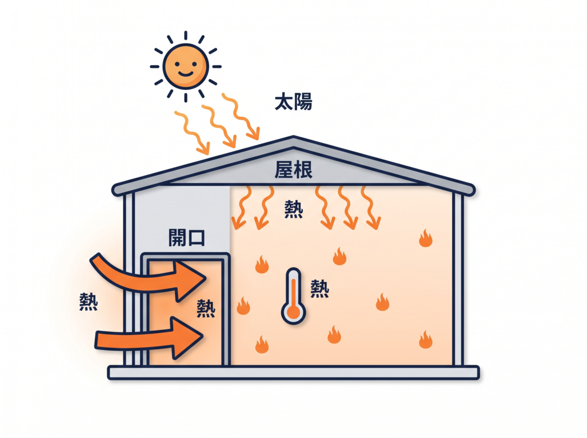 倉庫が猛暑になる構造的な原因の図解