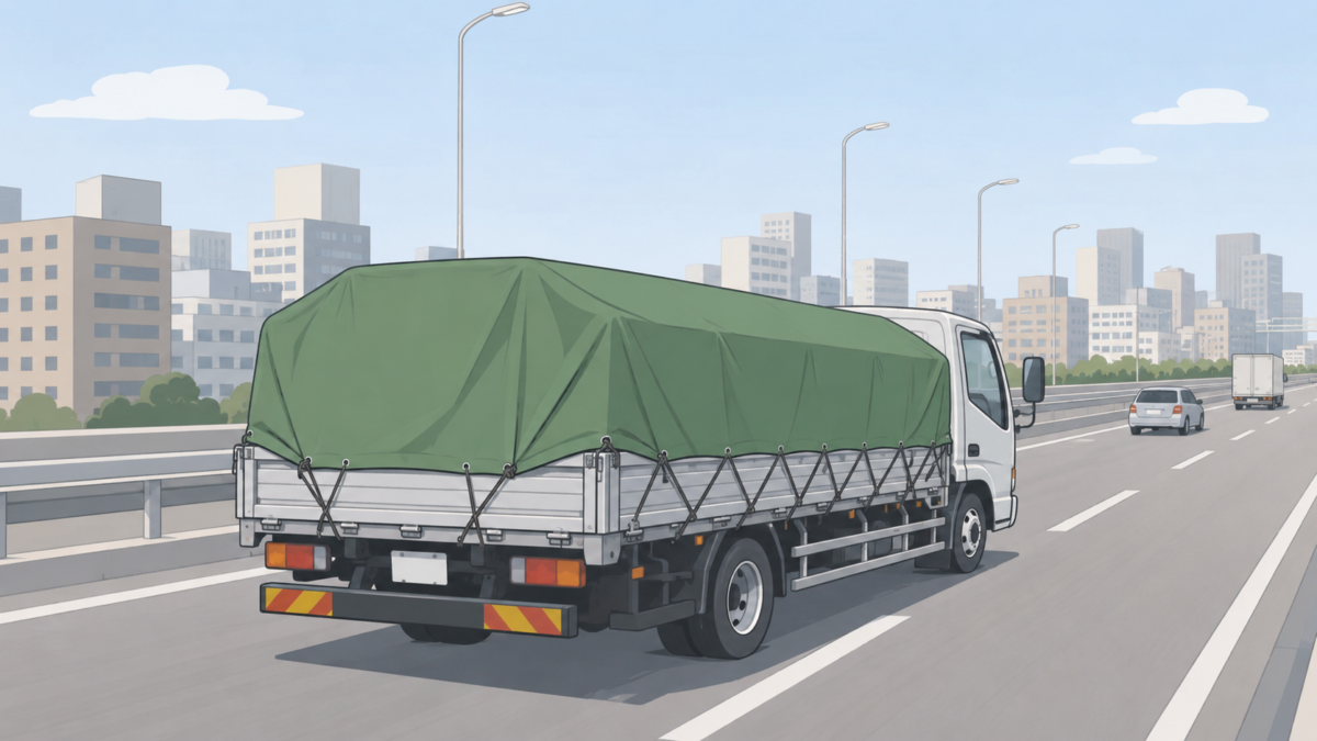 トラックの荷台を保護するトラックシートの装着イメージ