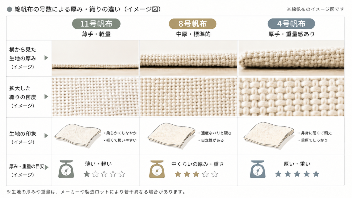 帆布の号数による厚みと重量の変化を表した比較図