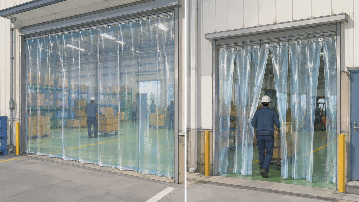 工場の出入り口に設置された「のれんカーテン」や「プレーンカーテン」の施工風景