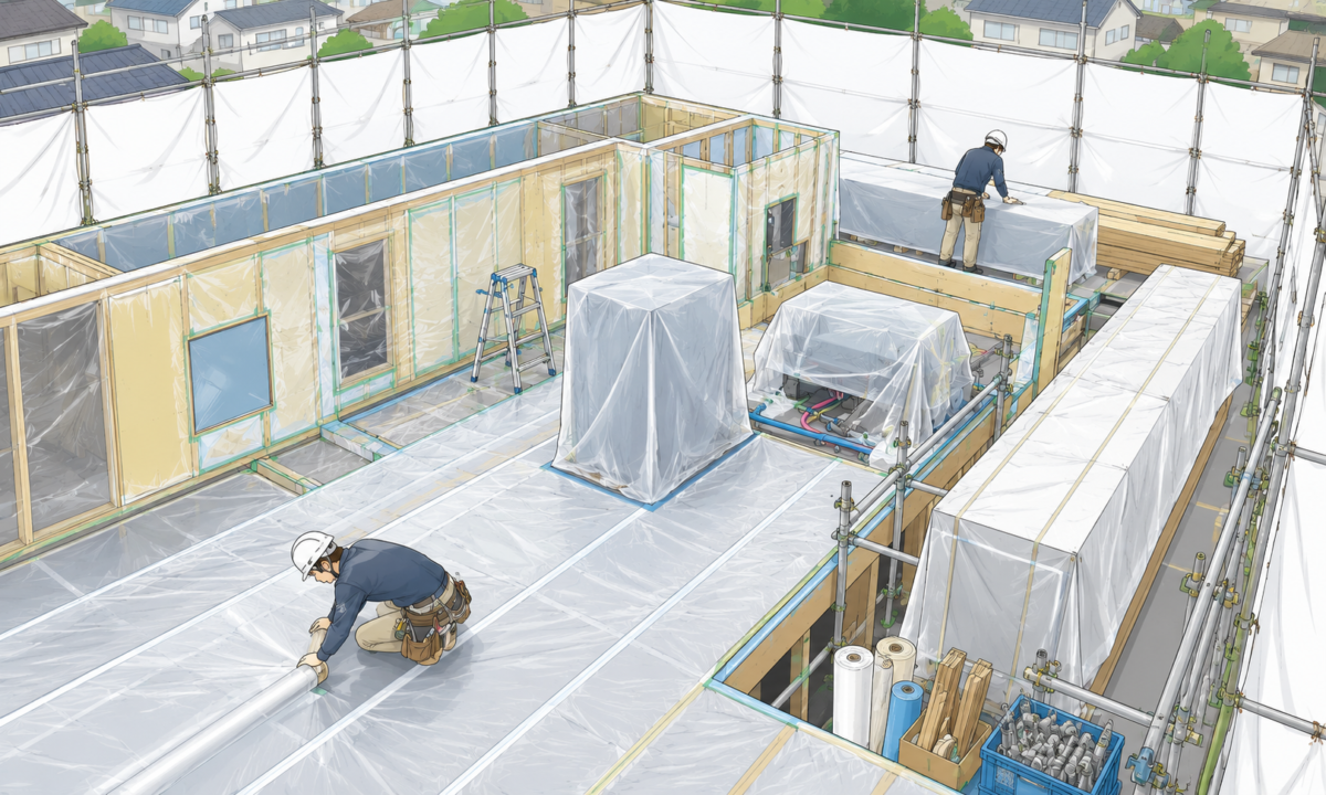 建築現場で使用される養生シートの施工イメージ
