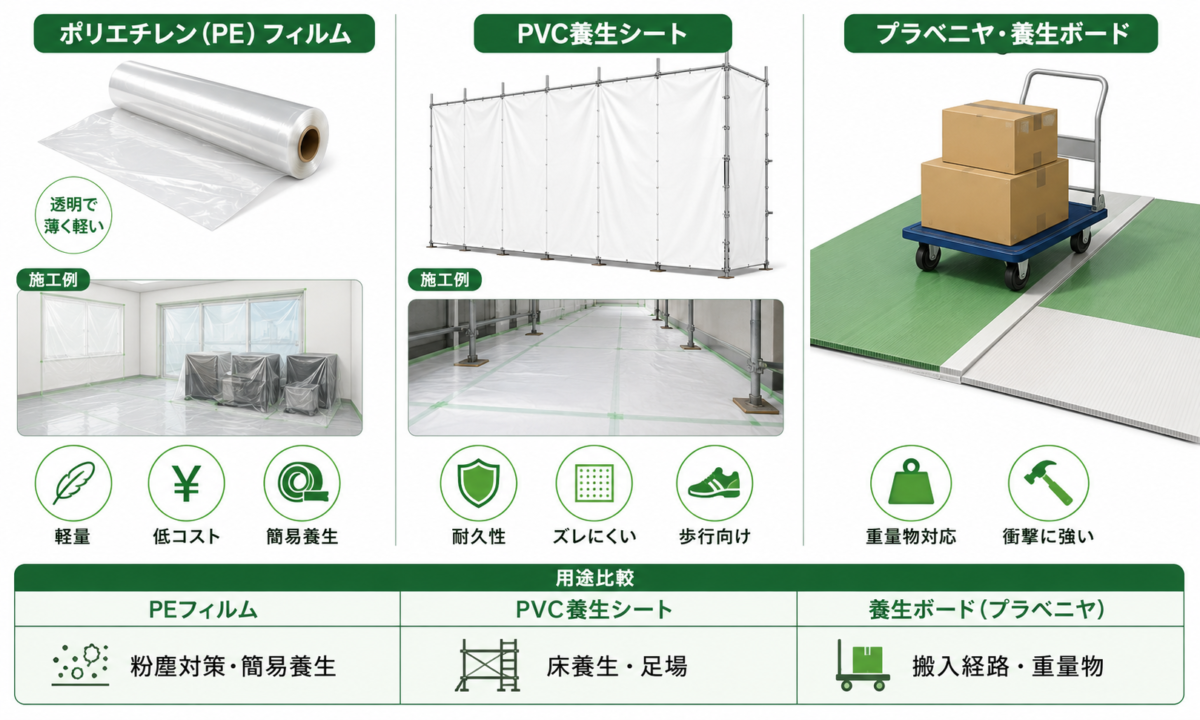 現場で使用されるPE・PVC・養生ボードの比較