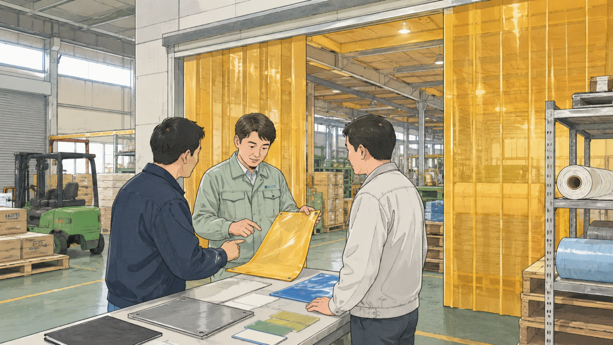 工場の担当者が防虫シートのサンプルを見ながら、問屋や施工業者に相談している様子