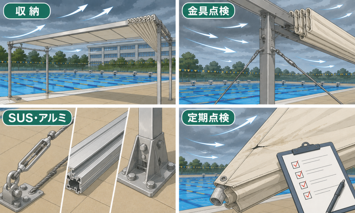 プール用テントの強風対策と定期点検のイラスト