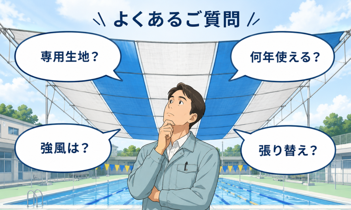 プール用テントでよくある質問をまとめたイラスト