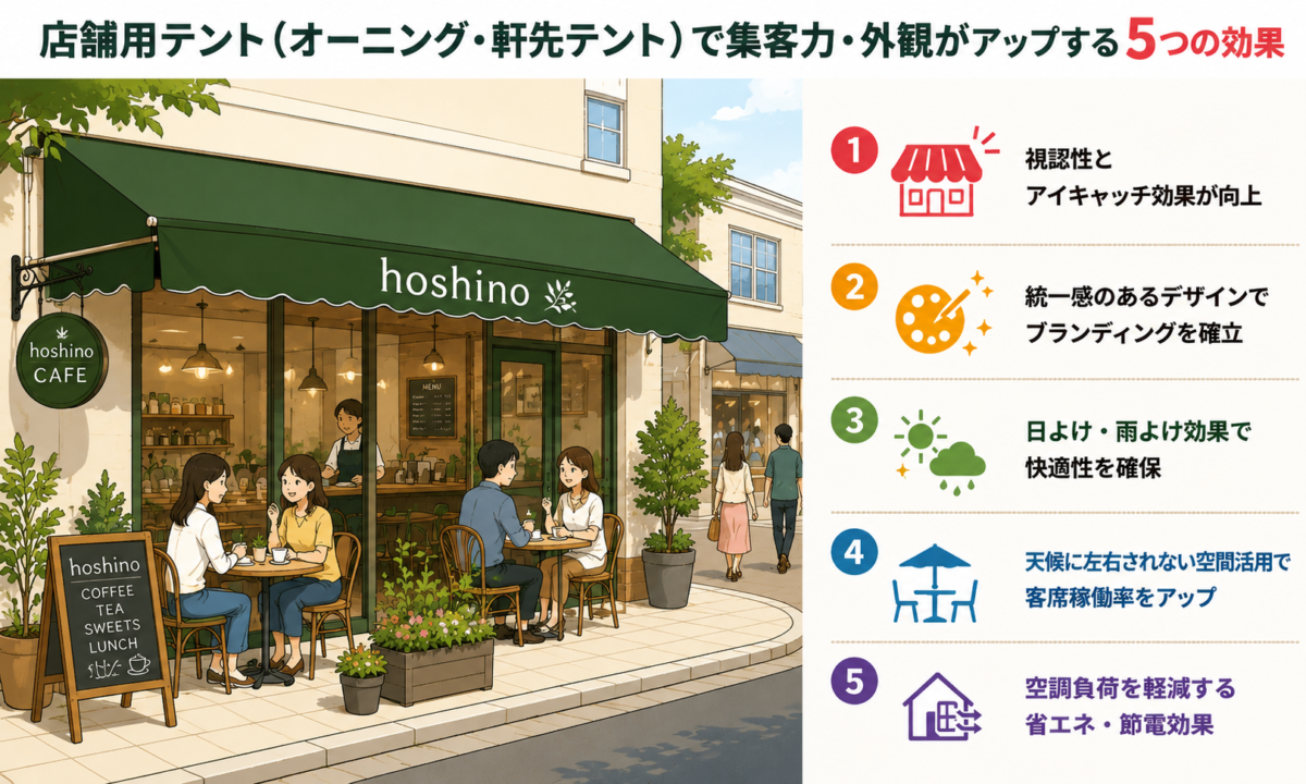 おしゃれな店舗用テントで集客力が高まっているカフェの外観