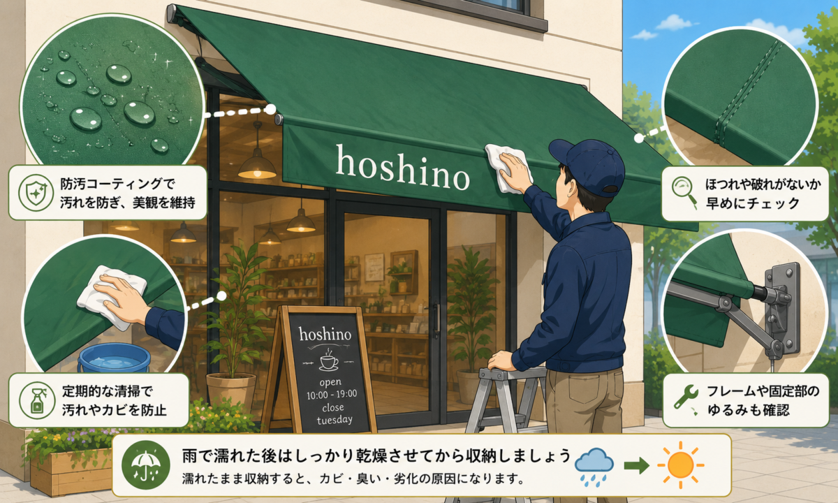 店舗用テントの経年劣化対策と定期点検のイメージ