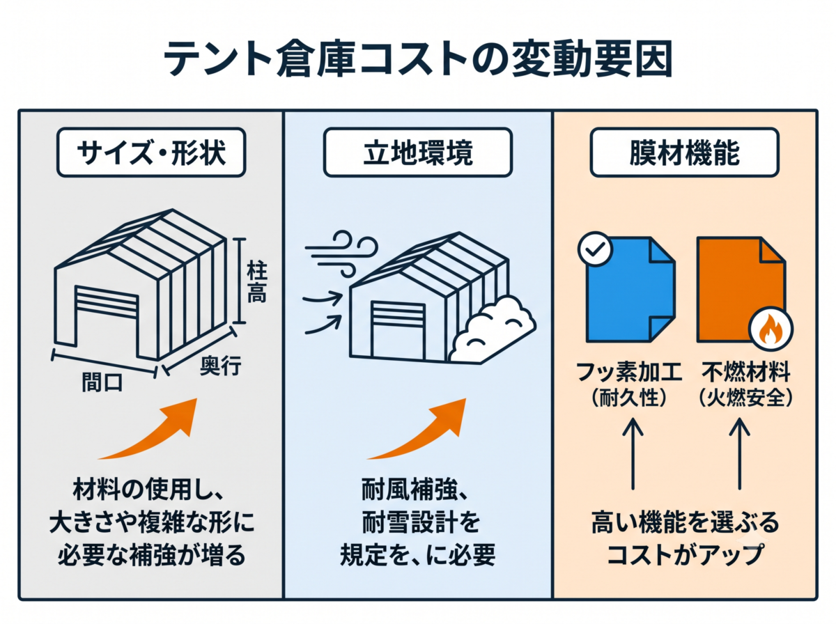 テント倉庫の価格が変動する3つの主因(サイズ・環境・膜材の機能)の解説図