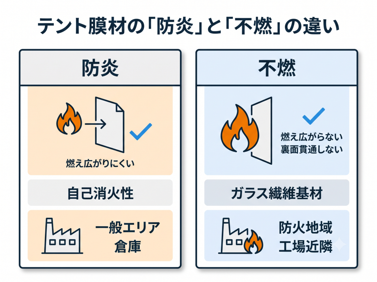 膜材の性能比較(防炎認定製品と不燃材料の定義違い)