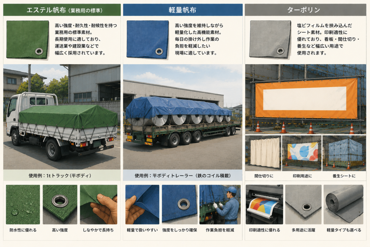 トラックシートに使用される主な素材(エステル帆布・軽量帆布・ターポリン)の比較