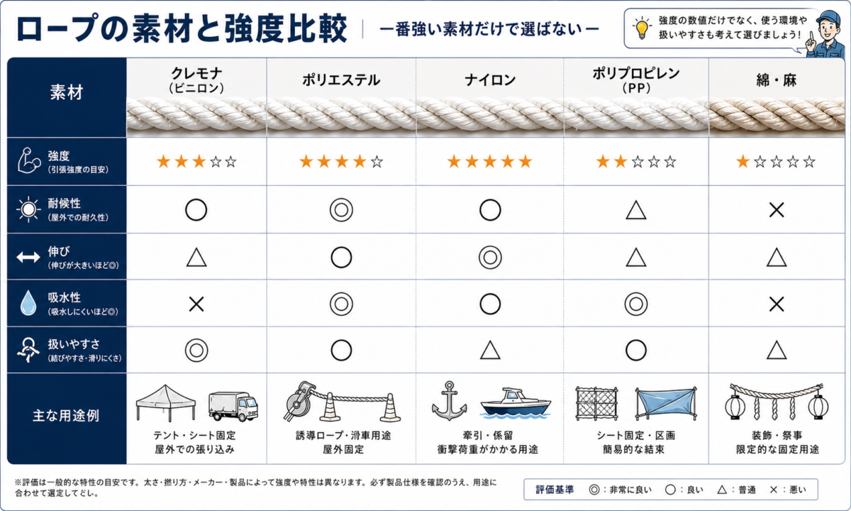 ロープ素材ごとの強度と特性を比較した図解