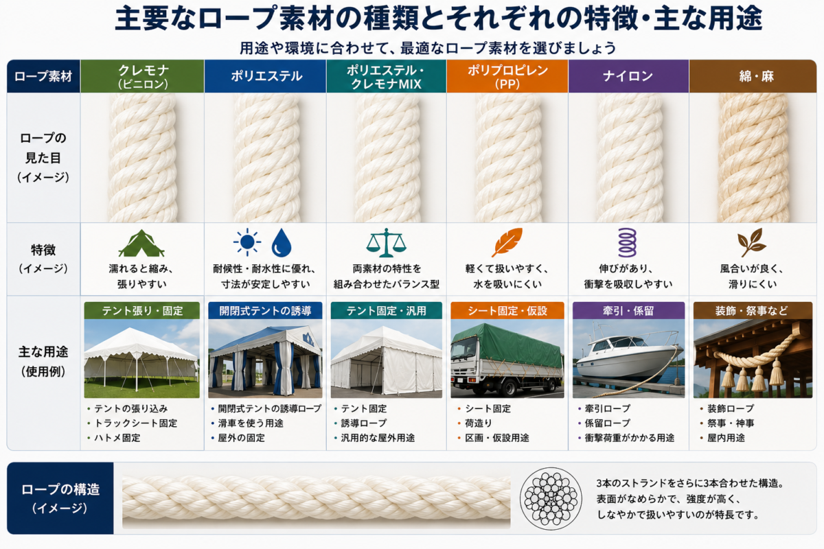 テントやシートに使用する主要なロープ素材の種類