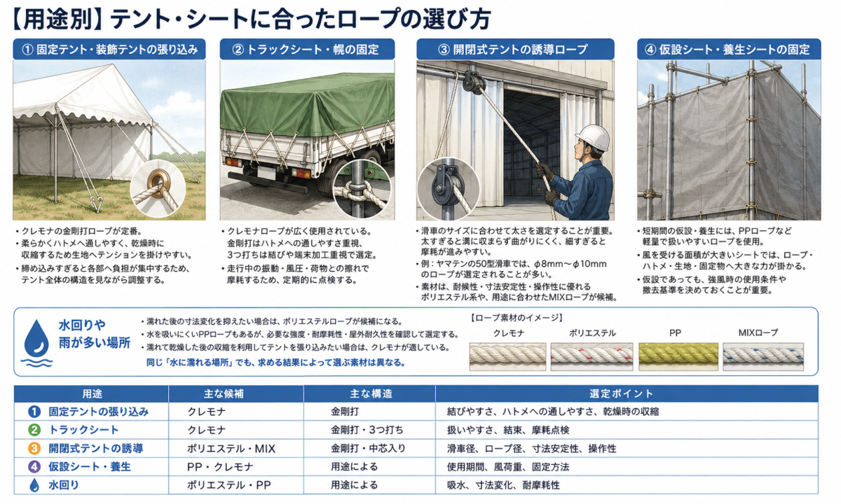テントやシートの用途に合わせたロープ選定イメージ