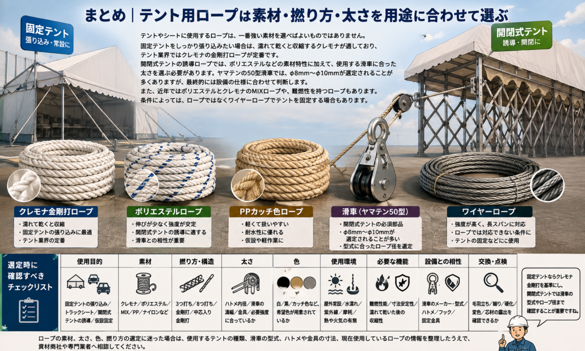 テントの用途に合わせて選定する各種ロープと滑車