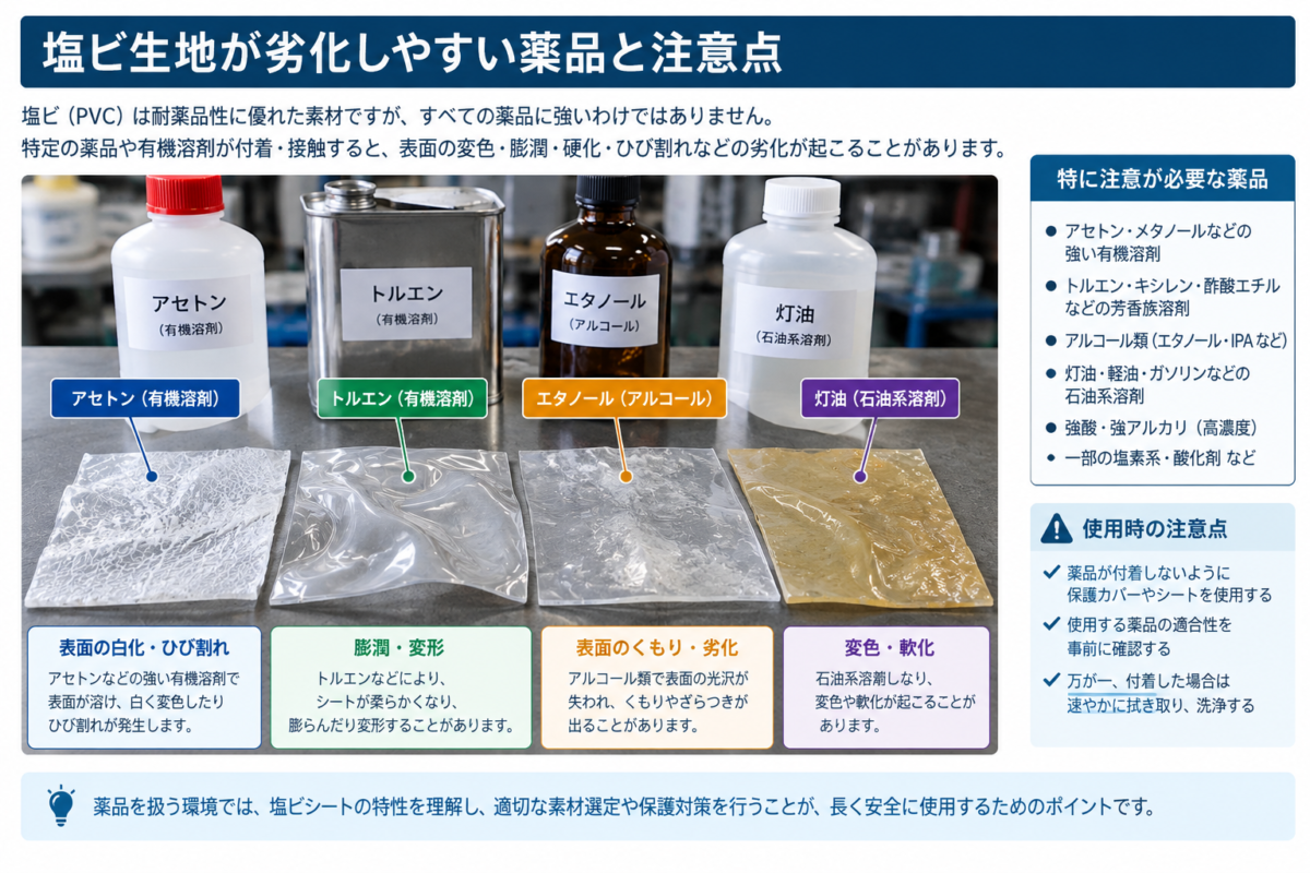 有機溶剤によって劣化した軟質塩ビシートの例