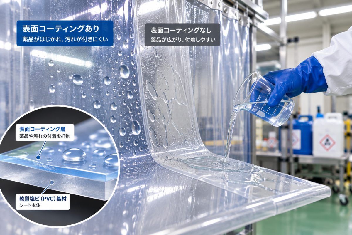 特殊コーティングが施された軟質塩ビシートの表面