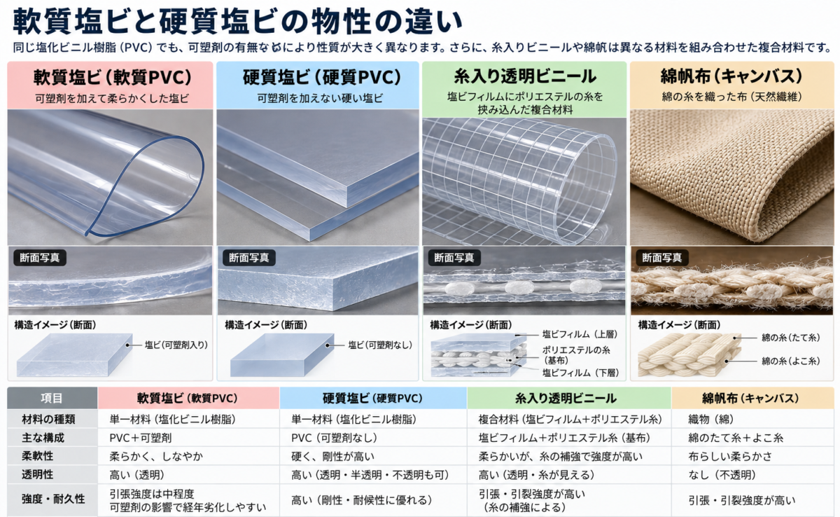 軟質塩ビ・硬質塩ビ・糸入りビニール・帆布の材料構造比較